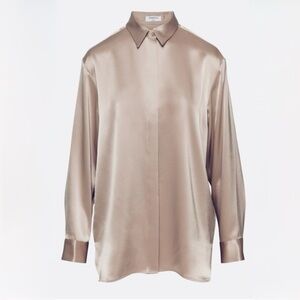ARITZIA Babaton Sable Satin Button Up Shirt Tan Long Sleeve Size L